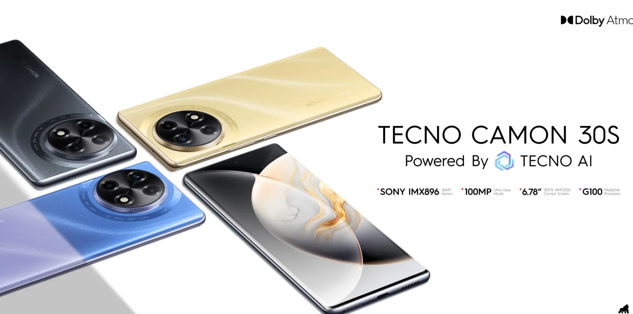 Tecno Camon 30S 128GB+12(6+6)GB RAM 6.7" 3D-Curved AMOLED 120Hz Screen MTK Helio G100 33W 5000mAh 50MP Dual Speaker Android 14 Smart Phones Dual Sim phone