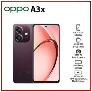 [Special Offer] Oppo A3X 64GB+4GB 6.67" 90Hz Display 8MP+5MP Camera Snapdragon 6s 4G Gen 1 Processor 5100mAh Battery 45W Fast Charging IP54 Dust/Water Resistant Android Smartphone Mobile Phone