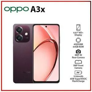 [Special Offer] Oppo A3X 64GB+4GB 6.67" 90Hz Display 8MP+5MP Camera Snapdragon 6s 4G Gen 1 Processor 5100mAh Battery 45W Fast Charging IP54 Dust/Water Resistant Android Smartphone Mobile Phone
