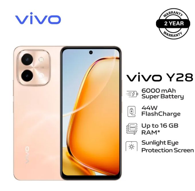 [New Arrival] Vivo Y28 256GB+8GB 6.68" 90Hz Display 50MP Camera Huge 6000mAh Battery 44W Super-Fast Charging Stereo Speakers MTK Helio G85 Processor IP64 Dust/Water Resistant Android Smartphone