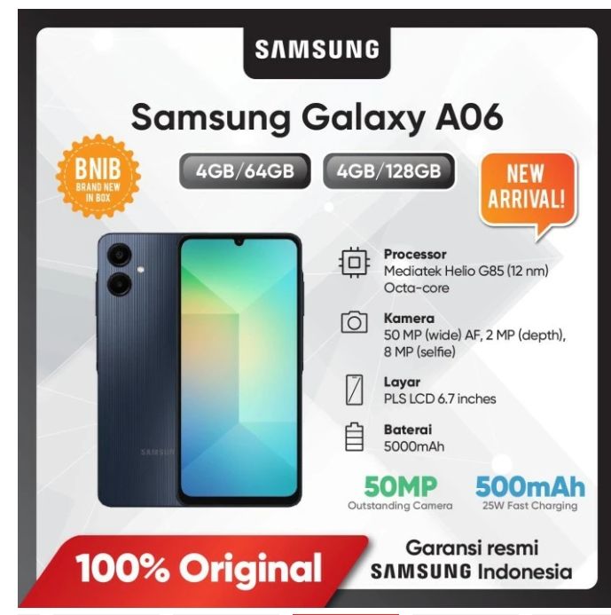 Samsung Galaxy A06 64GB+4GB 50MP Camera 6.7" 90Hz MTK Helio G85 (12nm) 5000mAh 25W Type-C Charge Android 14 Smart Phones Side Fingerprint Unlock phone