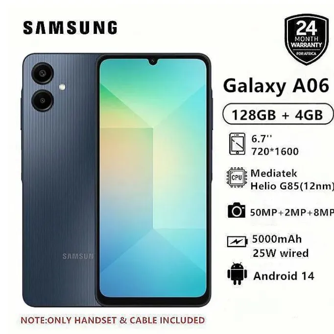 Samsung Galaxy A06 128GB+4GB 50MP Camera 6.7" 90Hz MTK Helio G85 (12nm) 5000mAh 25W Type-C Charge Android 14 Smart Phones Side Fingerprint Unlock phone