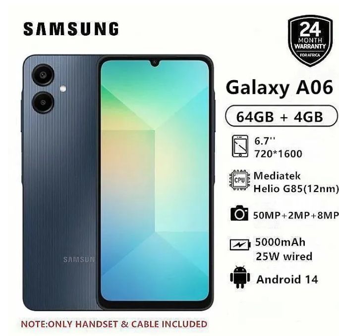 Samsung Galaxy A06 64GB+4GB 50MP Camera 6.7" 90Hz MTK Helio G85 (12nm) 5000mAh 25W Type-C Charge Android 14 Smart Phones Side Fingerprint Unlock phone