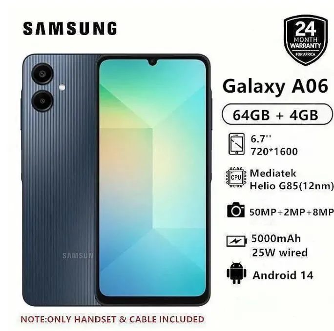 Samsung Galaxy A06 64GB+4GB 50MP Camera 6.7" 90Hz MTK Helio G85 (12nm) 5000mAh 25W Type-C Charge Android 14 Smart Phones Side Fingerprint Unlock phone