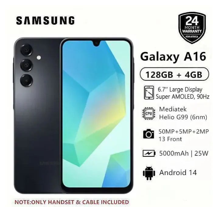 Samsung Galaxy A16 128GB+4GB 6.7" Super AMOLED Display 50MP Triple Camera Android 14 Mediatek Helio G99 5000mAh 25W Type-C Charge Smart Phones phone
