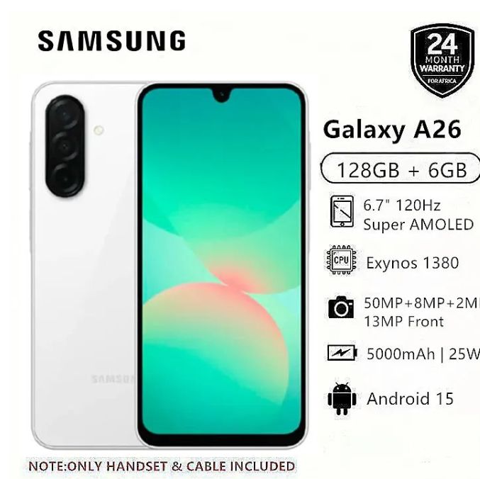 New Arrival Samsung Galaxy A26 5G 256GB+8GB 6.7" 120Hz AMOLED Display 50MP Triple Camera Android 15 Exynos 1380 (5nm) IP67 Dust Water Resistant 5000mAh 25W Type-C Charge Smart Phones phone