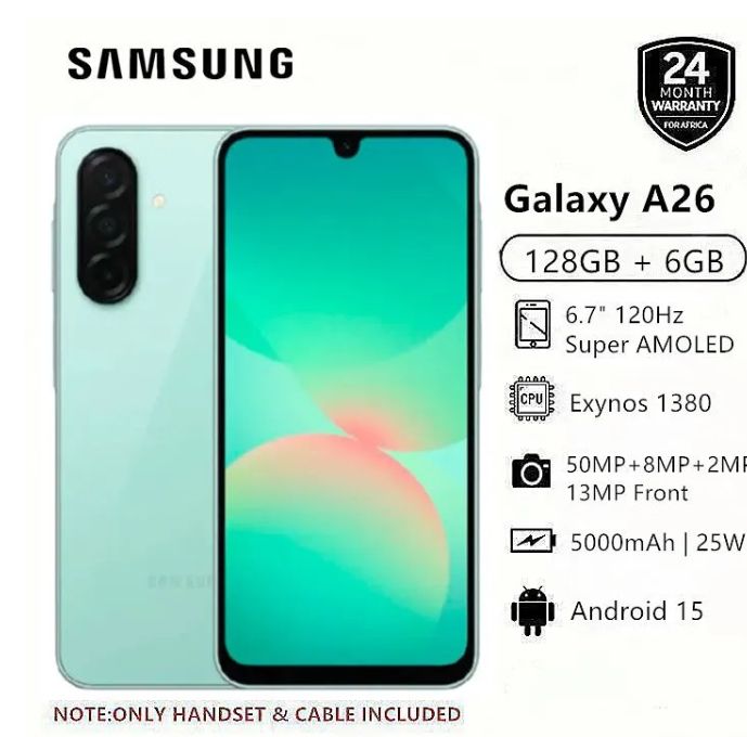 New Arrival Samsung Galaxy A26 5G 256GB+8GB 6.7" 120Hz AMOLED Display 50MP Triple Camera Android 15 Exynos 1380 (5nm) IP67 Dust Water Resistant 5000mAh 25W Type-C Charge Smart Phones phone