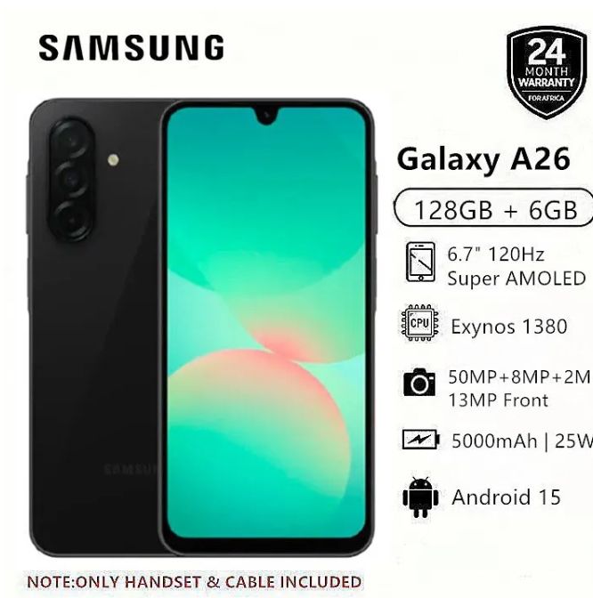 New Arrival Samsung Galaxy A26 5G 256GB+8GB 6.7" 120Hz AMOLED Display 50MP Triple Camera Android 15 Exynos 1380 (5nm) IP67 Dust Water Resistant 5000mAh 25W Type-C Charge Smart Phones phone