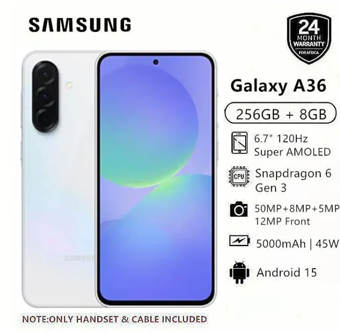 New Arrival Samsung Galaxy A36 5G 256GB+8GB 6.7" 120Hz AMOLED Display 50MP Triple Camera Android 15 Snapdragon 6 Gen 3 45W 5000mAh IP67 Dust Water Resistant Type-C Charge Smart Phones phone