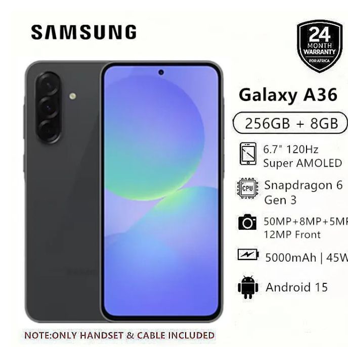New Arrival Samsung Galaxy A36 5G 256GB+8GB 6.7" 120Hz AMOLED Display 50MP Triple Camera Android 15 Snapdragon 6 Gen 3 45W 5000mAh IP67 Dust Water Resistant Type-C Charge Smart Phones phone