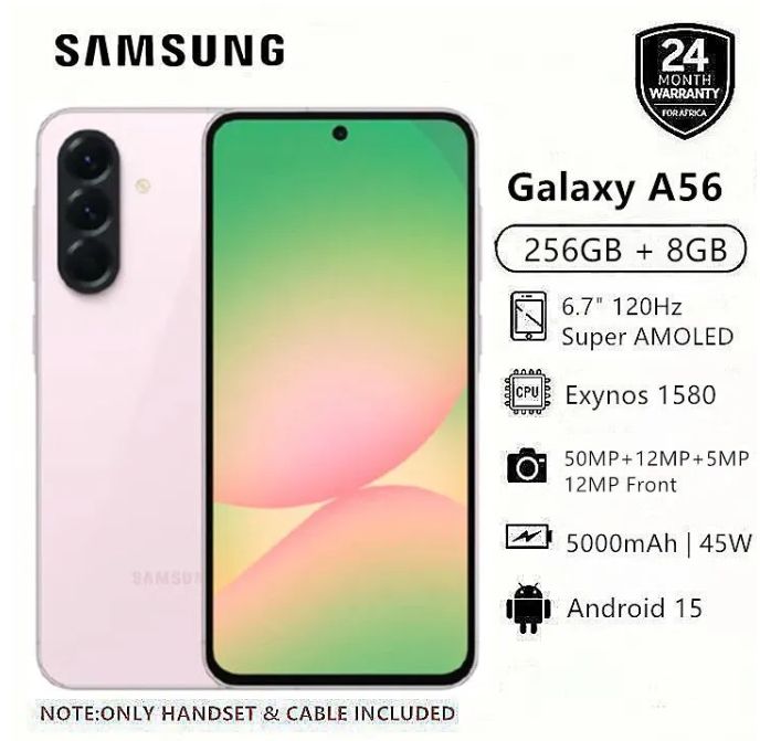 New Arrival Samsung Galaxy A56 5G 256GB+8GB 6.7" 120Hz AMOLED Display 50MP Triple Camera Android 15 Exynos 1580 (4nm) 45W 5000mAh 7.4mm UltraI Slim IP67 Dust Water Resistant Smart Phones
