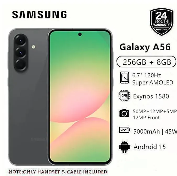 New Arrival Samsung Galaxy A56 5G 256GB+8GB 6.7" 120Hz AMOLED Display 50MP Triple Camera Android 15 Exynos 1580 (4nm) 45W 5000mAh 7.4mm UltraI Slim IP67 Dust Water Resistant Smart Phones