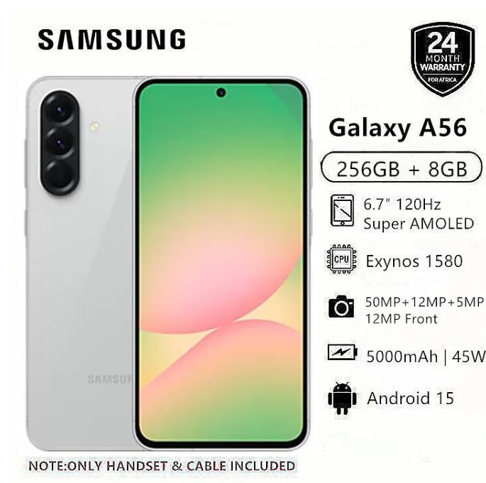New Arrival Samsung Galaxy A56 5G 256GB+8GB 6.7" 120Hz AMOLED Display 50MP Triple Camera Android 15 Exynos 1580 (4nm) 45W 5000mAh 7.4mm UltraI Slim IP67 Dust Water Resistant Smart Phones