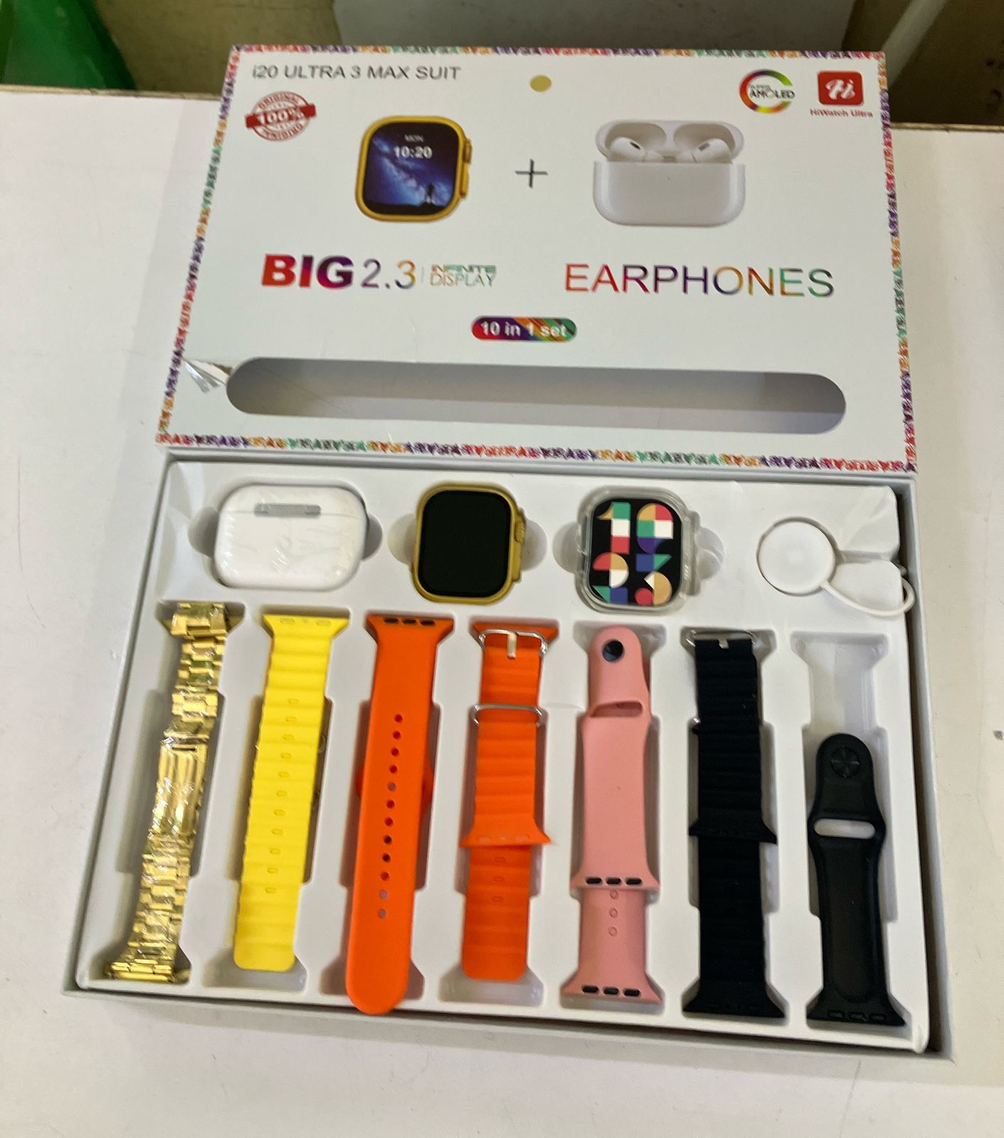 i20 Ultra MAX Suit 10-in-1 Smartwatch Set – 2.3" Display, Bluetooth Calling, Health Monitoring, Free Earbuds & 7 Straps – Gold, Silver, Black