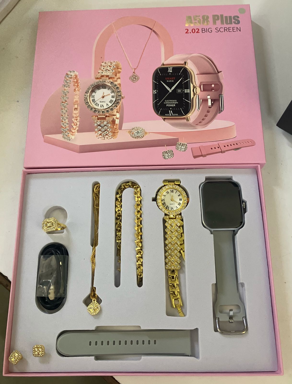 A58 Plus 7-in-1 Smartwatch Gift Set – Bluetooth Calling, Health Monitoring, Jewelry Combo (Necklace, Earrings, Bracelet, Ring)