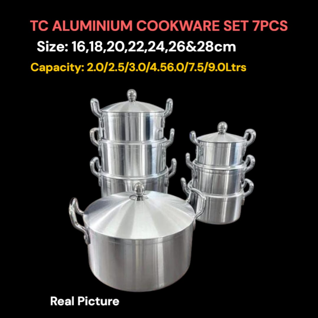 TC 17pcs Aluminium Cookware Set – 7 Sufurias with Lids + Utensils | Durable, Fire & Gas Compatible | Ideal for Home Kitchen Use