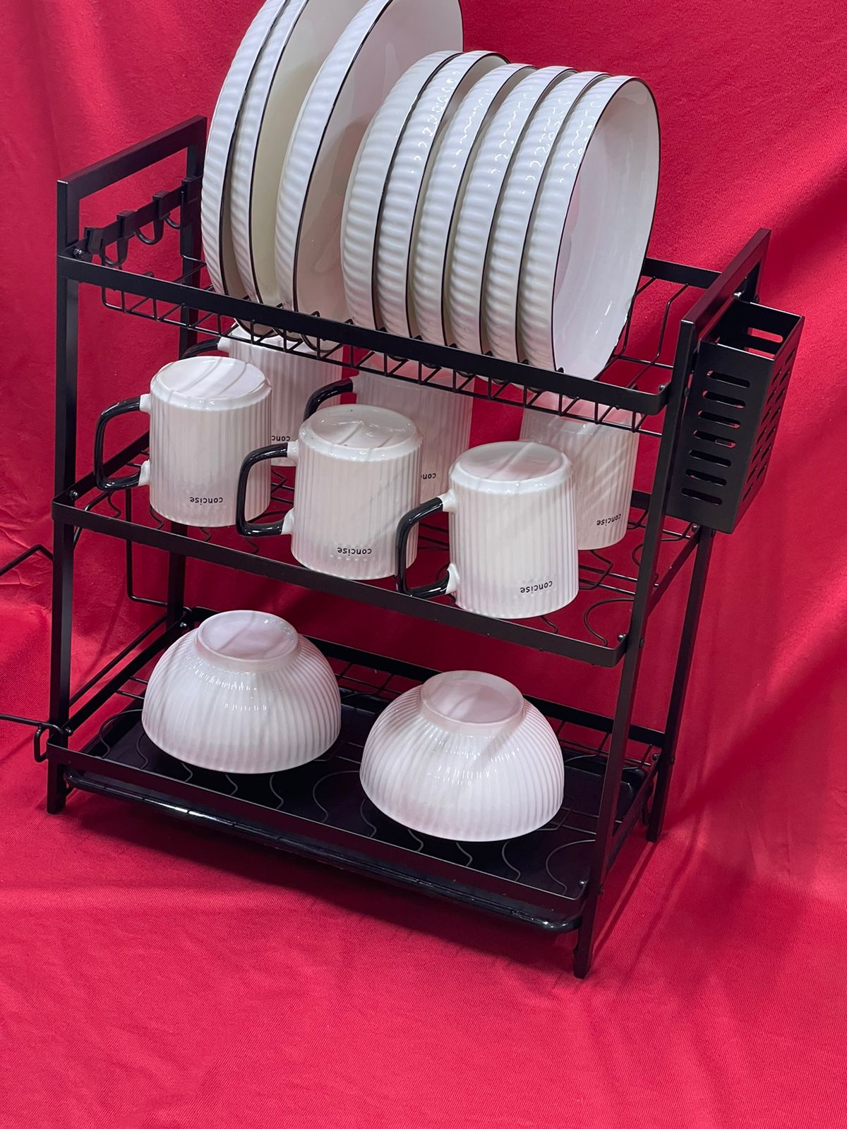 3-Tier Dish Rack – Heavy-Duty Kitchen Organizer with Utensil Holder, Drain Tray & Rust-Resistant Design for Plates, Bowls, Mugs, and Cutlery Storage in a Compact Vertical Space