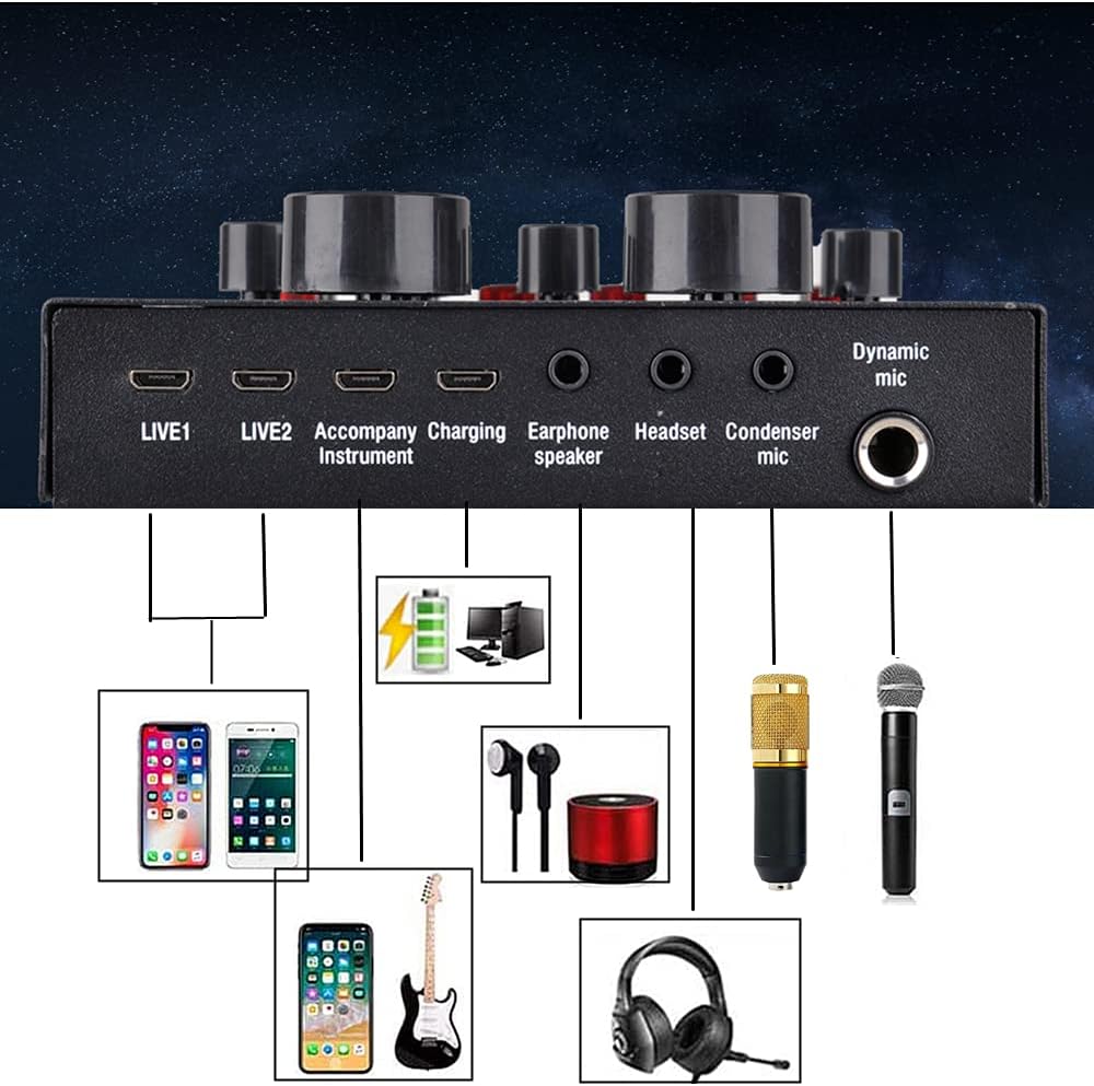 Podcast Equipment Bundle, Audio Interface with Voice Changer and BM800 Condenser Microphone, Recording Studio Package Perfect for Recording, Broadcasting, Live Streaming, YouTube, TikTok (BM800-V8)