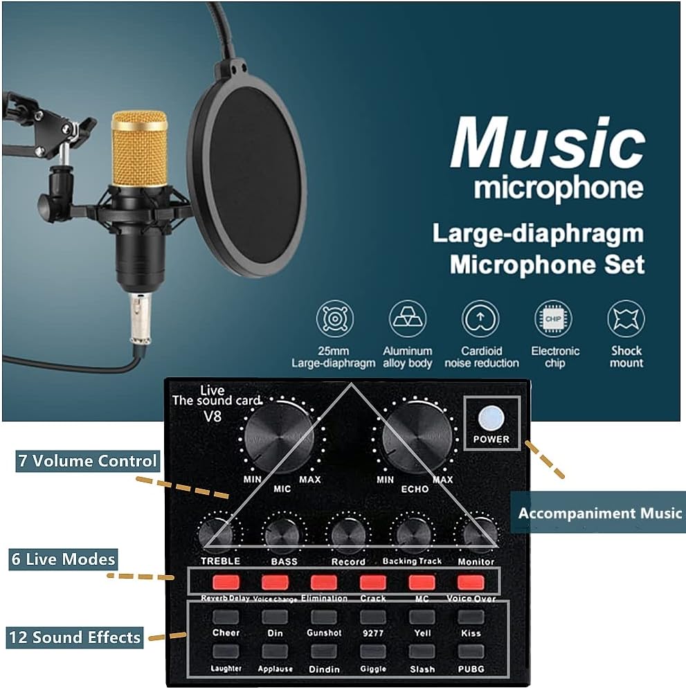 Podcast Equipment Bundle, Audio Interface with Voice Changer and BM800 Condenser Microphone, Recording Studio Package Perfect for Recording, Broadcasting, Live Streaming, YouTube, TikTok (BM800-V8)