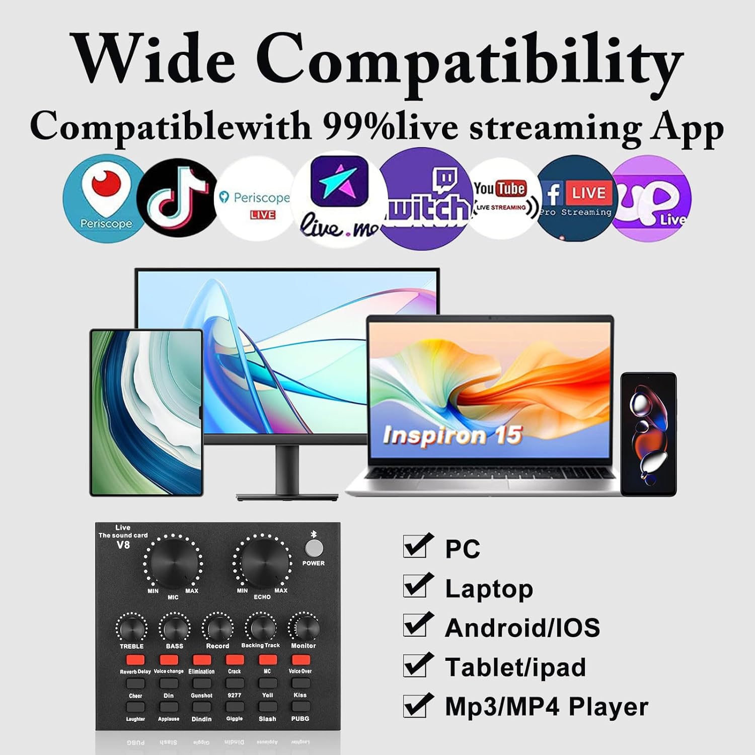 Podcast Equipment Bundle, Audio Interface with Voice Changer and BM800 Condenser Microphone, Recording Studio Package Perfect for Recording, Broadcasting, Live Streaming, YouTube, TikTok (BM800-V8)