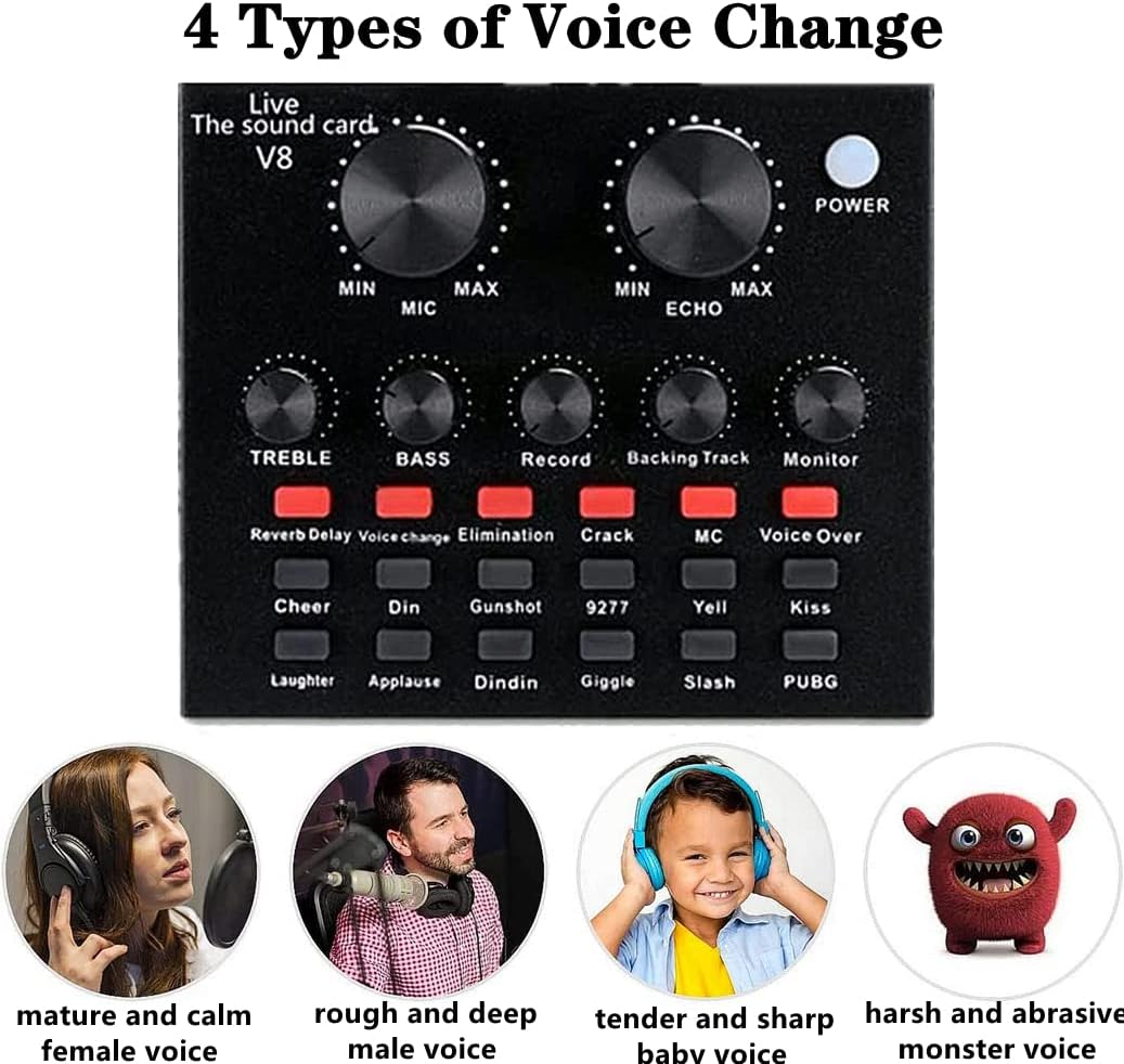 Podcast Equipment Bundle, Audio Interface with Voice Changer and BM800 Condenser Microphone, Recording Studio Package Perfect for Recording, Broadcasting, Live Streaming, YouTube, TikTok (BM800-V8)