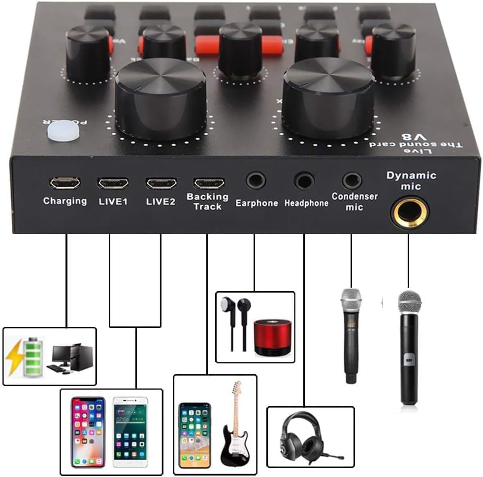 Podcast Equipment Bundle, Audio Interface with Voice Changer and BM800 Condenser Microphone, Recording Studio Package Perfect for Recording, Broadcasting, Live Streaming, YouTube, TikTok (BM800-V8)