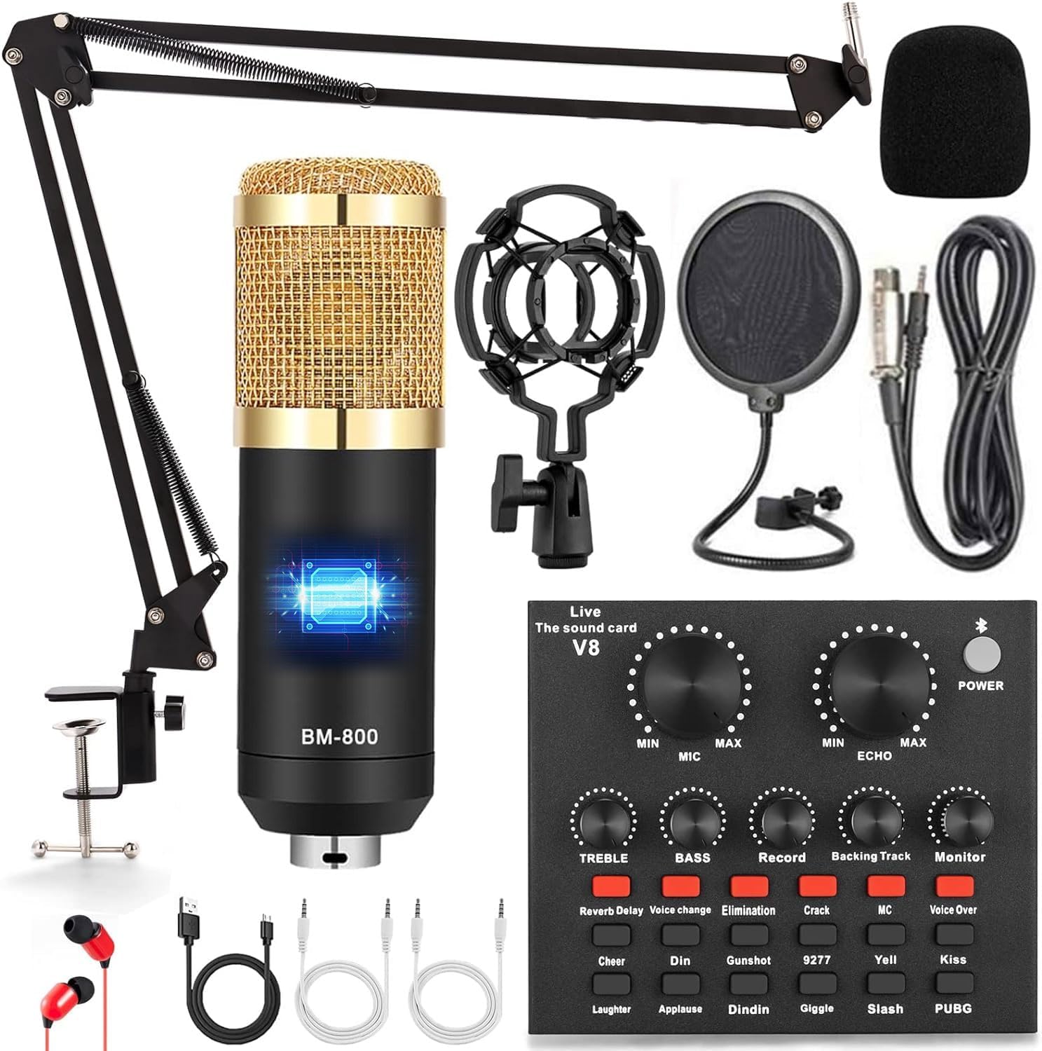 Podcast Equipment Bundle, Audio Interface with Voice Changer and BM800 Condenser Microphone, Recording Studio Package Perfect for Recording, Broadcasting, Live Streaming, YouTube, TikTok (BM800-V8)