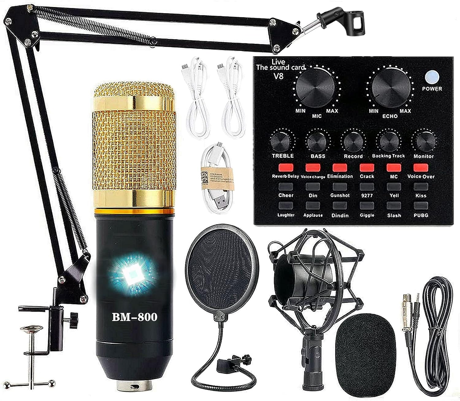 Podcast Equipment Bundle, Audio Interface with Voice Changer and BM800 Condenser Microphone, Recording Studio Package Perfect for Recording, Broadcasting, Live Streaming, YouTube, TikTok (BM800-V8)