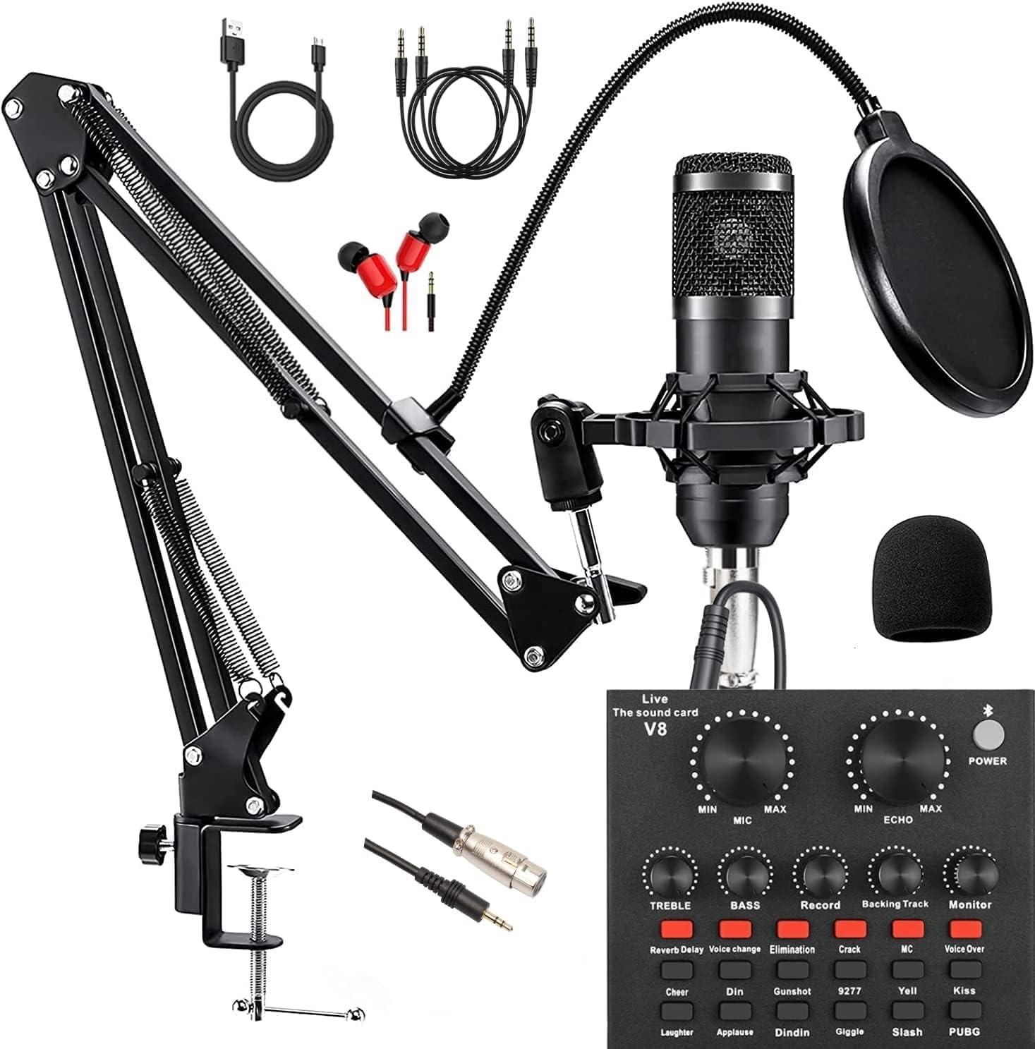 Podcast Equipment Bundle, BM-800 Recording Studio Package with Voice Changer, Live Sound Card - Audio Interface for Laptop Computer Vlog Living Broadcast Live Streaming YouTube TikTok