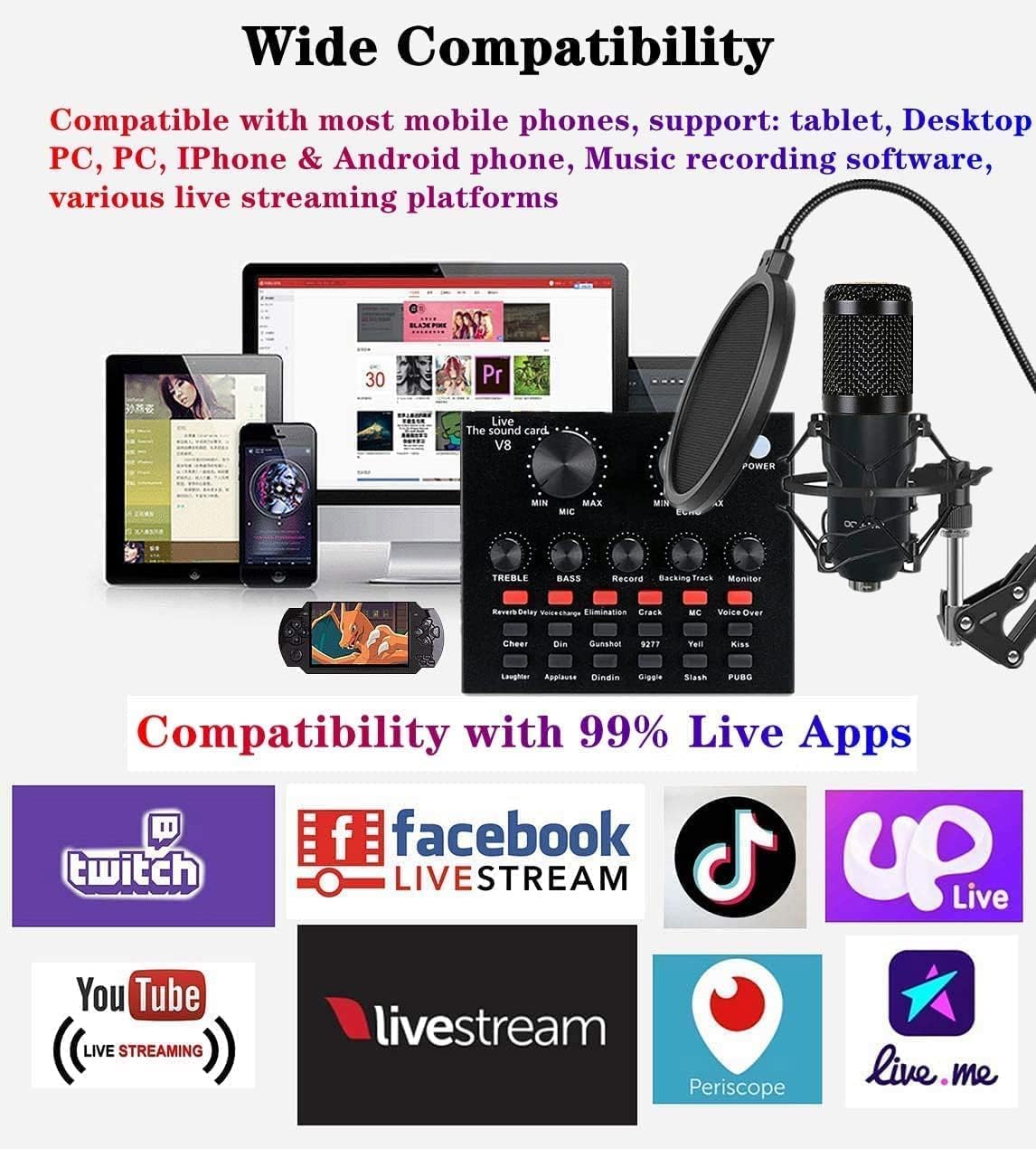 Podcast Equipment Bundle, BM-800 Recording Studio Package with Voice Changer, Live Sound Card - Audio Interface for Laptop Computer Vlog Living Broadcast Live Streaming YouTube TikTok
