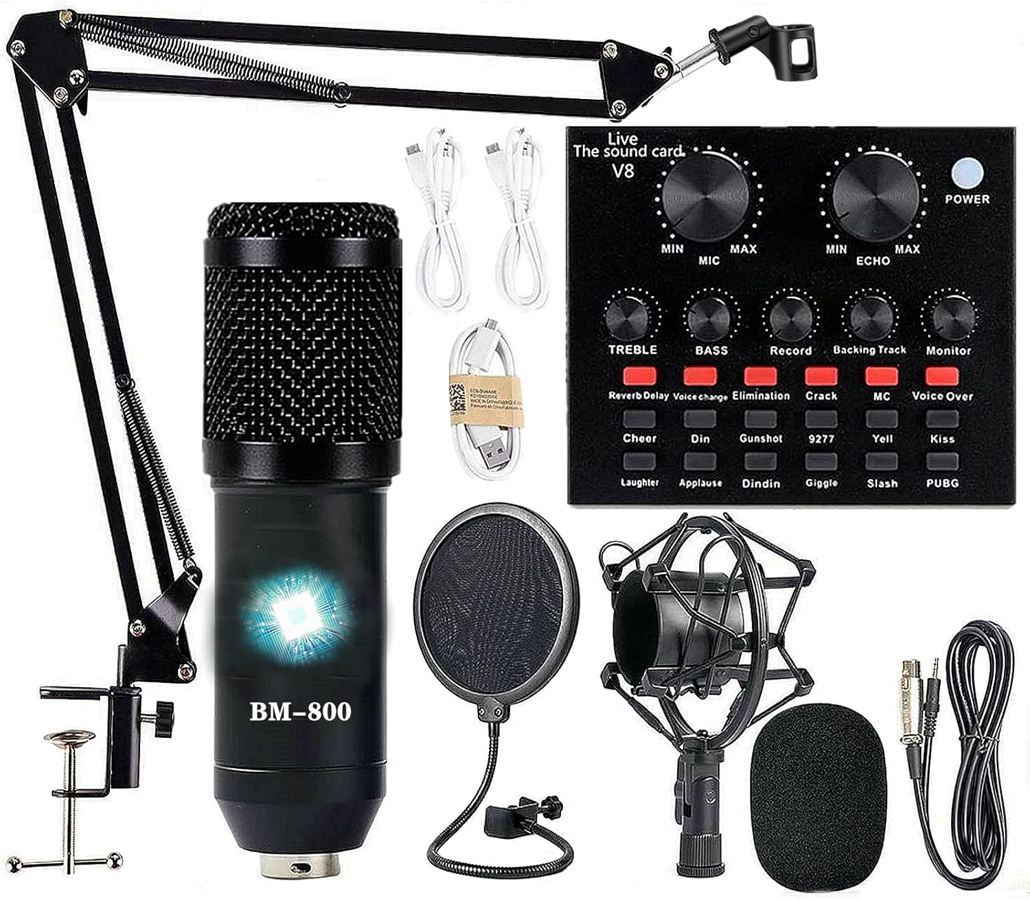 Podcast Equipment Bundle, with BM800 Podcast Microphone and V8 Sound Card, Voice Changer - Audio Interface -Perfect for Recording, Singing, Streaming and Gaming (V8-Black)