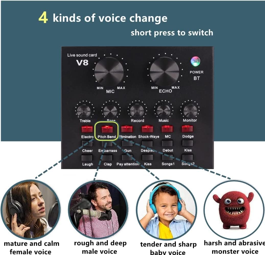 Podcast Equipment Bundle, with BM800 Podcast Microphone and V8 Sound Card, Voice Changer - Audio Interface -Perfect for Recording, Singing, Streaming and Gaming (V8-Black)