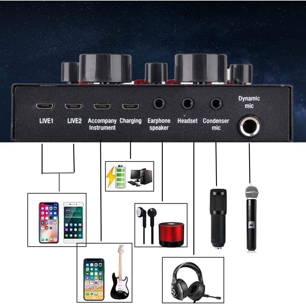 Podcast Equipment Bundle, with BM800 Podcast Microphone and V8 Sound Card, Voice Changer - Audio Interface -Perfect for Recording, Singing, Streaming and Gaming (V8-Black)