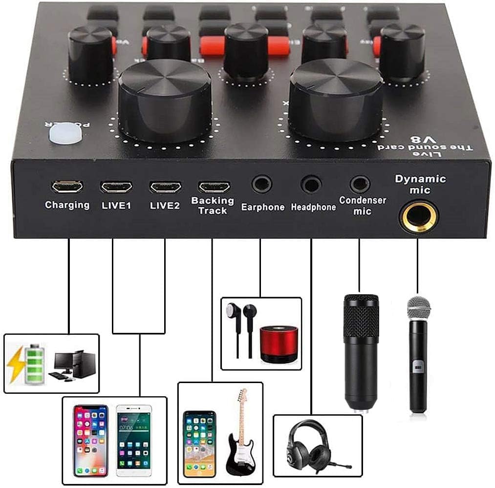 Podcast Equipment Bundle, with BM800 Podcast Microphone and V8 Sound Card, Voice Changer - Audio Interface -Perfect for Recording, Singing, Streaming and Gaming (V8-Black)