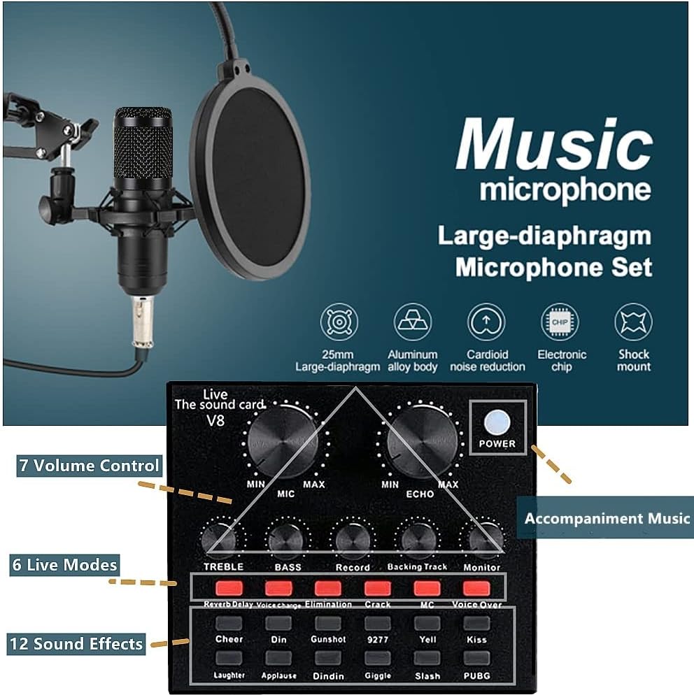 Podcast Equipment Bundle, BM-800 Recording Studio Package with Voice Changer, Live Sound Card - Audio Interface for Laptop Computer Vlog Living Broadcast Live Streaming YouTube TikTok(Black)