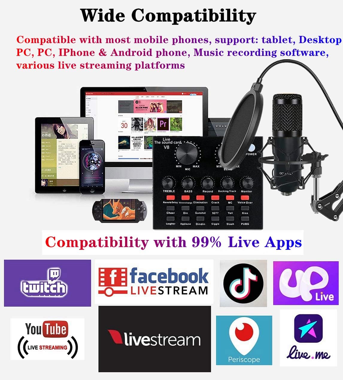 Podcast Equipment Bundle, BM-800 Recording Studio Package with Voice Changer, Live Sound Card - Audio Interface for Laptop Computer Vlog Living Broadcast Live Streaming YouTube TikTok(Black)