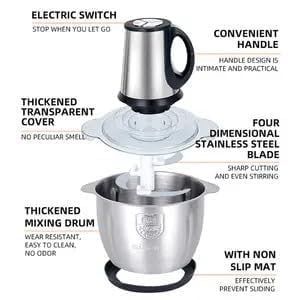 Electric Chopper with Stainless Steel Container Meat Grinder Multi Chopper for Fruit Vegetables Meat Nuts Baby Food Upgrade (Meat Grinder steel With Handle)