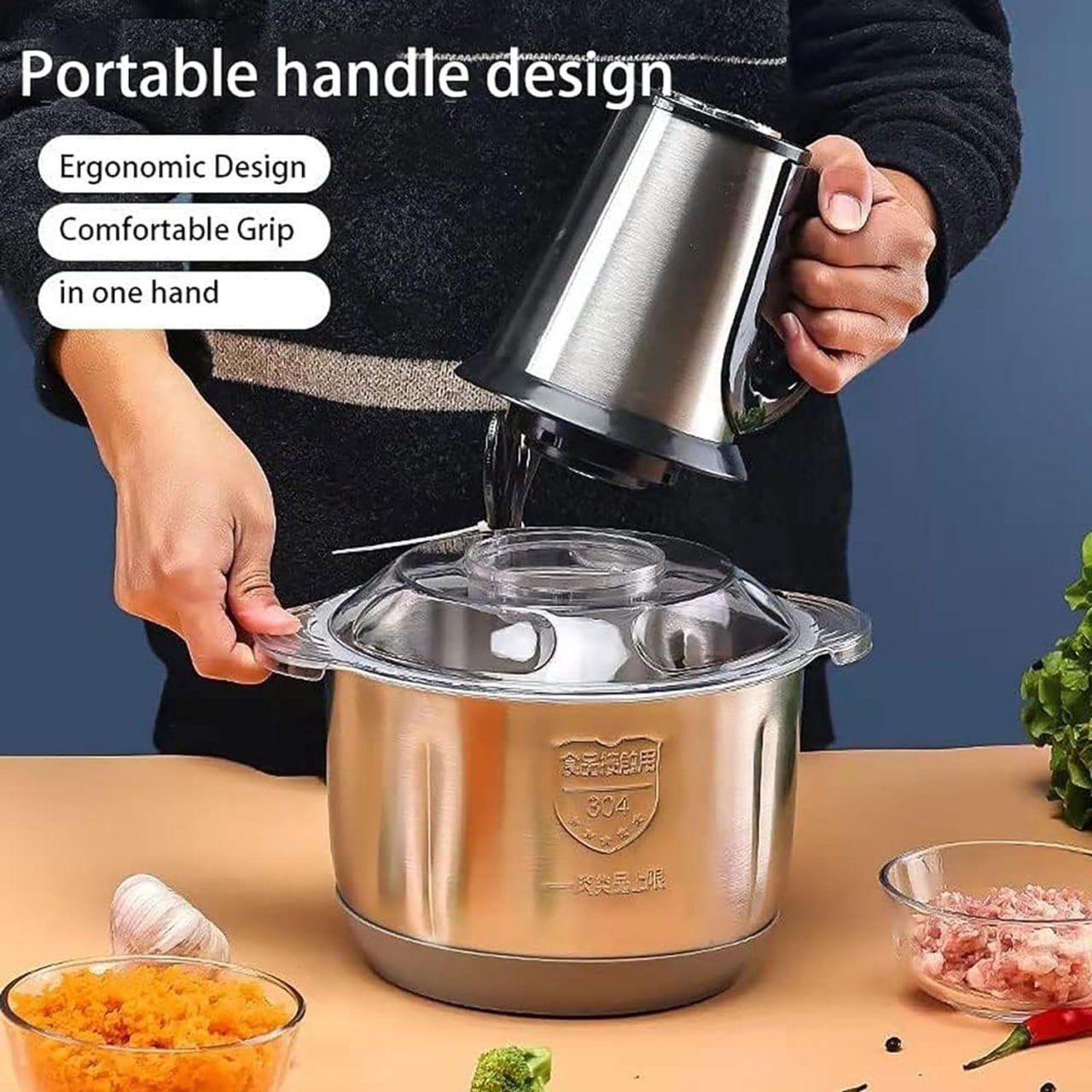 Electric Chopper with Stainless Steel Container Meat Grinder Multi Chopper for Fruit Vegetables Meat Nuts Baby Food Upgrade (Meat Grinder steel With Handle)