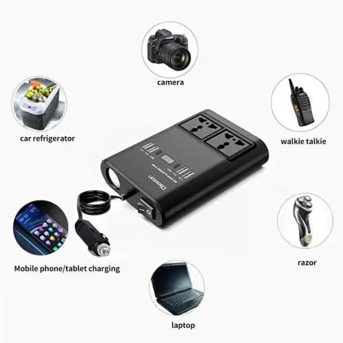 150W Car N Home Inverter: Switchable Power with 4 USB, 2 Type-C Ports, and Dual 220V Outlets for Optimal Car Charging Convenience
