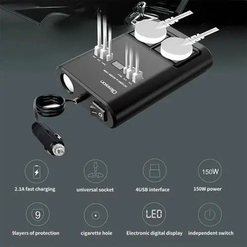150W Car N Home Inverter: Switchable Power with 4 USB, 2 Type-C Ports, and Dual 220V Outlets for Optimal Car Charging Convenience
