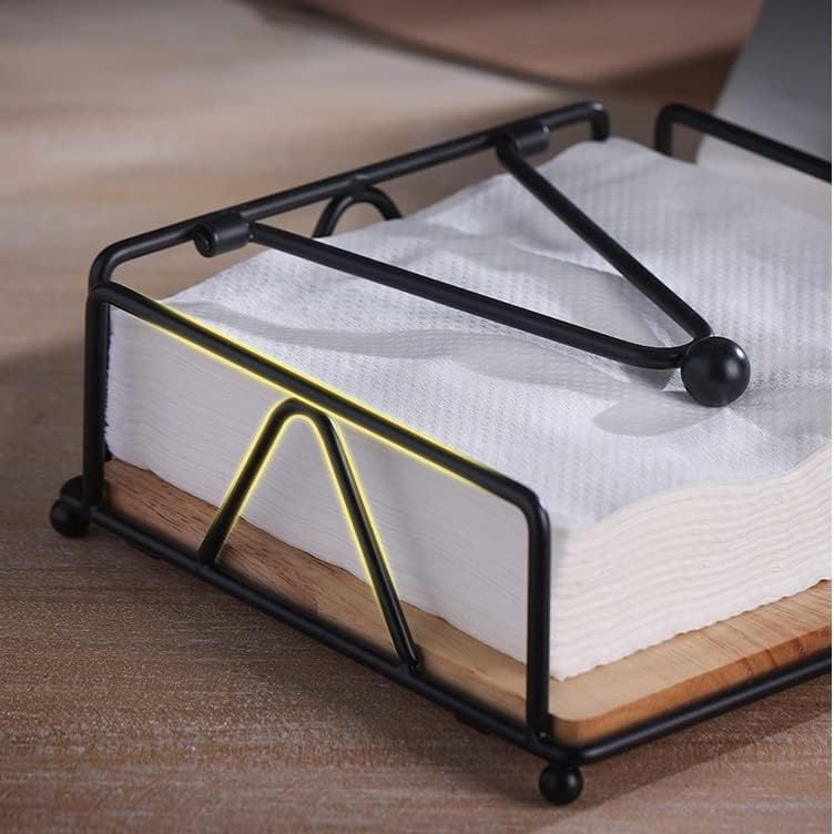 Metal Napkin Holder, Flat Table Napkin Holder with Weighted Arm and Wooden Base, Black Farmhouse Paper Napkin Dispenser for Kitchen Countertop Dining Room