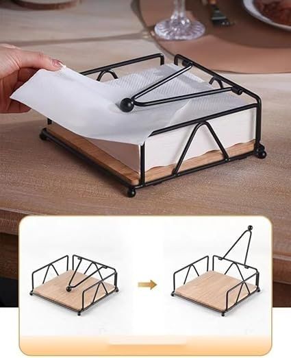 Metal Napkin Holder, Flat Table Napkin Holder with Weighted Arm and Wooden Base, Black Farmhouse Paper Napkin Dispenser for Kitchen Countertop Dining Room