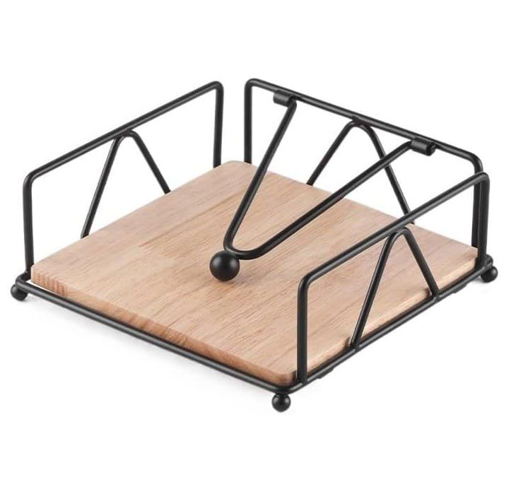 Metal Napkin Holder, Flat Table Napkin Holder with Weighted Arm and Wooden Base, Black Farmhouse Paper Napkin Dispenser for Kitchen Countertop Dining Room