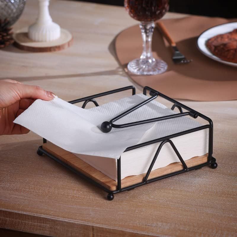 Metal Napkin Holder, Flat Table Napkin Holder with Weighted Arm and Wooden Base, Black Farmhouse Paper Napkin Dispenser for Kitchen Countertop Dining Room