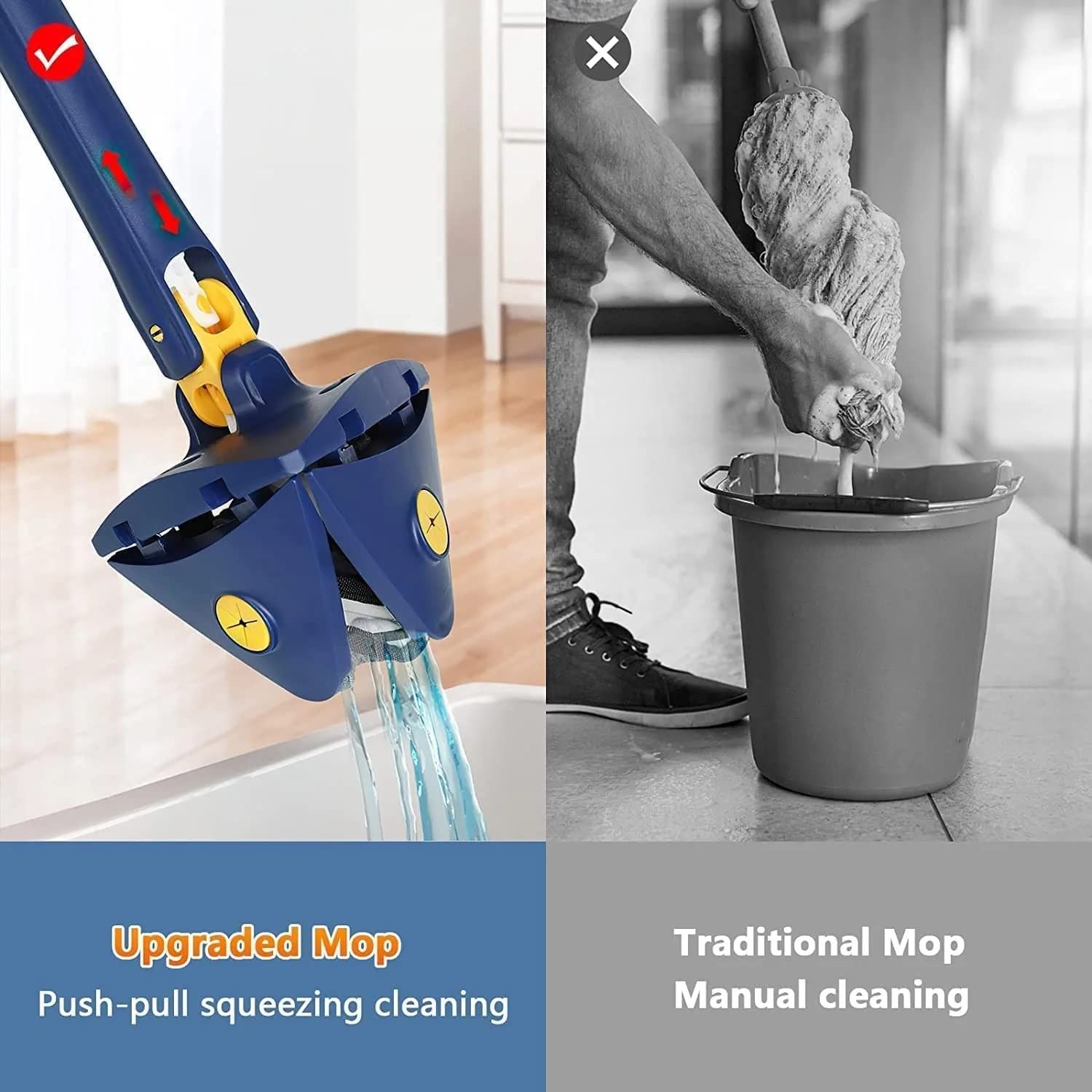 360° Rotatable Adjustable Triangle Cleaning Mop with Stainless Steel Long Handle Push-Pull Squeezing Cleaning Mop Dry & Wet Mop Floor Windows Ceiling