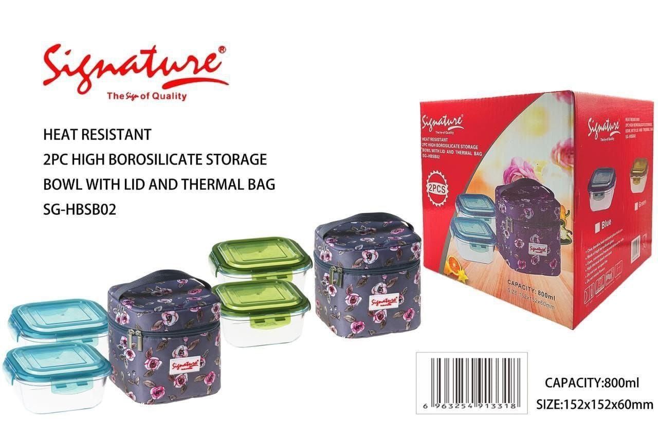 2 pcs Signature Heat Resistant Glass Lunch Box With Thermal Bag (800ml+800ml)