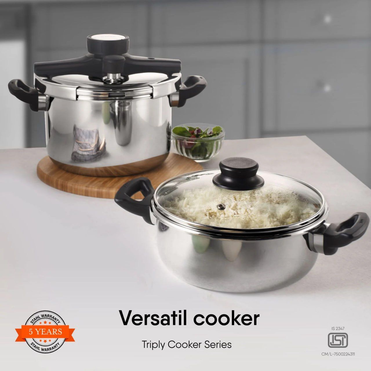 5.0 Ltr Versatile stainless Steel pressure Cooker ( Stahl ) with 5 Years Warranty