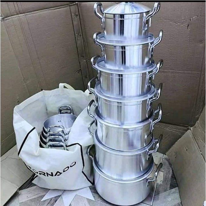 Original 14 PCs (TC) Cookware Aluminum stock pot set with shinny polish interior and exterior Sufurias with FREE, 2 pcs Plastic service Spoons and 1 Scotch