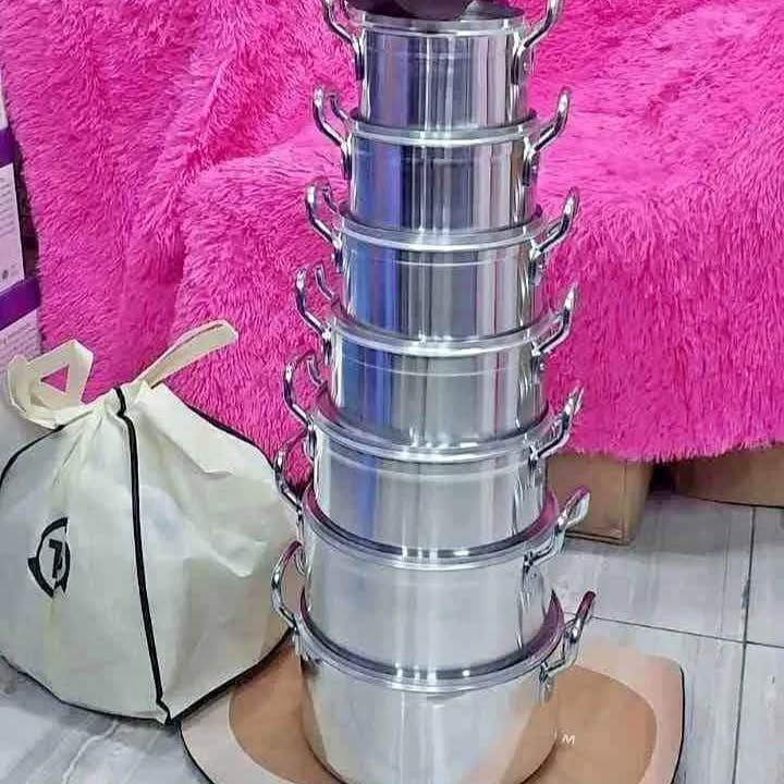 Original 14 PCs (TC) Cookware Aluminum stock pot set with shinny polish interior and exterior Sufurias with FREE, 2 pcs Plastic service Spoons and 1 Scotch
