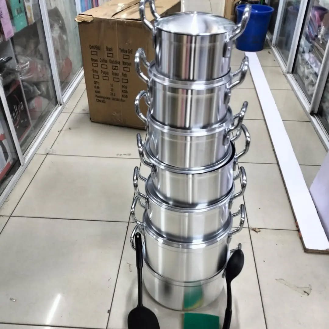 Original 14 PCs (TC) Cookware Aluminum stock pot set with shinny polish interior and exterior Sufurias with FREE, 2 pcs Plastic service Spoons and 1 Scotch